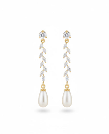 Long Bridal Earrings with Swarovski Pearls and Zirconia