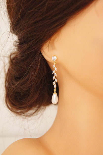 Braut Lange Ohrringe mit Swarovski-Perlen & Zirkonia